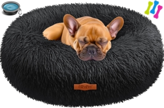 LOVPET® Hundebett Hundekissen Katzenbett Bagel, Waschbar, Inkl. Napf + 3x Kauknochen, Hundesofa flauschig Kissen Rund aus Plüsch für Kleine, Mittelgroße & Große Hunde, Katzen Schwarz, L (60 x 60 cm)