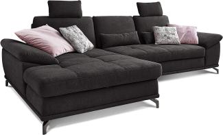 Cavadore L-Form-Sofa Castiel mit Federkern / Großes Schlafsofa in L-Form mit Bettkasten, Sitztiefenverstellung, Kopfstützen und XL-Longchair / 312 x 114 x 173 / Webstoff, Schwarz