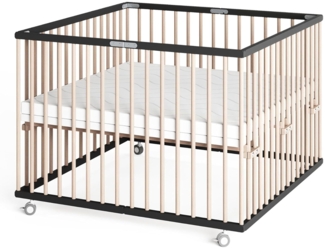 Sämann Laufstall faltbar Baby 100x100 cm mit Matratze | stufenlos höhenverstellbar | Laufgitter Premium | Babybett aus Holz | Krabbelgitter schwarz/natur
