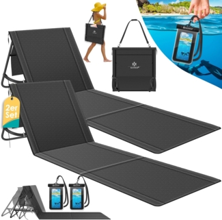 KESSER® Strandmatte klappbar mit verstellbarer Rückenlehne, Strandliege faltbar mit Tragegurt, wasserdichter Handyhülle & Aufbewahrungstasche, Sonnenliege für Strand Garten Terrasse, Liegematte 130Kg Schwarz, 2er Set