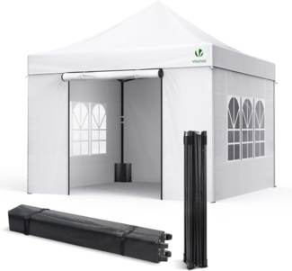 VOUNOT Pavillon 3x3 m Wasserdicht Stabil Winterfest, Pop Up Faltpavillon mit 4 Seitenteilen und 4 Sandsäcke, Party Pavillon Faltbar Gartenzelt Partyzelt, Weiß