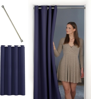 tinycurtains Türvorhang mit Stange silber 55-90 cm ohne Bohren, Thermo Vorhang Tür, Ösen, abdunkelnd, Polyester, blickdicht, dunkelblau Ocean, Türgardine mit Klemmstange, verdunkelnd