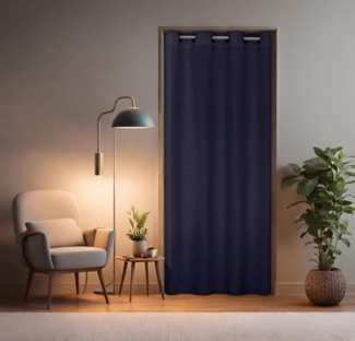 tinycurtains Türvorhang mit Stange silber 55-90 cm ohne Bohren, Thermo Vorhang Tür, Ösen, abdunkelnd, Polyester, blickdicht, dunkelblau Ocean, Türgardine mit Klemmstange, verdunkelnd
