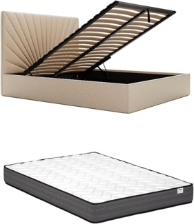 Vente-unique - Polsterbett mit Bettkasten - 180 x 200 cm - Stoff - Beige + Matratze - RILIODA von Pascal Morabito
