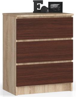 AKORD Kommode K60 mit 3 Schubladen | für das Wohnzimmer Schlafzimmer Schrank Büro Arbeitszimmer | Modernes Funktionales Design | B60 x H77 x T40 cm, Gewicht 25 kgSonoma Eiche/Wenge