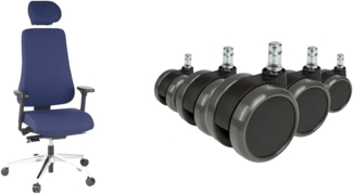 hjh OFFICE 608410 Profi Bürostuhl PRO-TEC 400 Stoff Blau Drehstuhl ergonomisch & 619010 5X Hartbodenrollen für Bürostuhl ROLO Stift 11 mm/Rolle 65 mm Drehstuhl Rollen für Hartböden