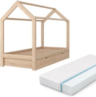 VitaliSpa Kinderbett WIKI Kinderhaus Jugendbett Kinder Bett Holz Haus Schlafen Spielbett Hausbett - inkl. 7-Zonen Kaltschaummatratze, lackiertes Massivholz - kindgerechte Verarbeitung (Natur, 90x200 cm + Schublade)