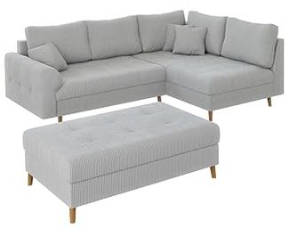 S-Style Möbel Ecksofa Zara mit Braun Holzfüßen im skandinavischen Stil aus Cord-Stoff, Ottomane links oder rechts bestellbar, mit Wellenfederung