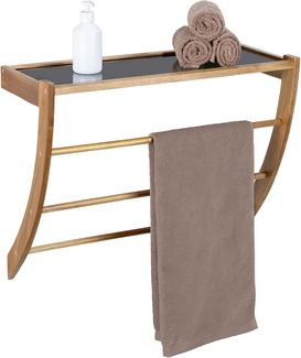 WENKO Wandregal Fondi, Badregal mit Ablage aus Glas und 3 Handtuchstangen, Akazienholz