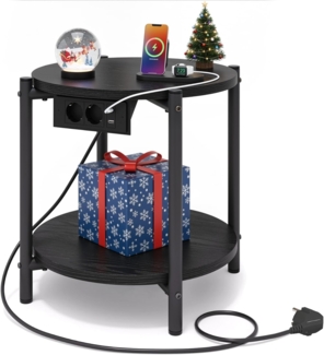 IRONCK Beistelltisch rund, Couchtisch mit Steckdose, Kleiner Tisch Holz, Wohnzimmertisch 2 Ablagen,Sofatisch,USB & Type-C-Anschluss, Metallrahmen, Nachttisch für Schlafzimmer (Schwarz, 1 Stück)
