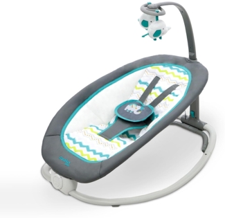 Asalvo FOLD Elefante Babywippe, Rückenlehne in 4 Positionen, entspannende Musik und Vibration, Feste Position und Wippe, 5-Punkt-Gurt, faltbar, maximale Belastung 9 kg, Aqua Grau