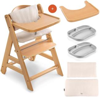 Hauck Hochstuhl Set Alpha Plus Move inkl. Essbrett, Sitzkissen und 2x Babyteller Silikon - mitwachsender Holz Babystuhl / Kinderhochstuhl mit Rollen, Gurt und Tisch - Natur Beige