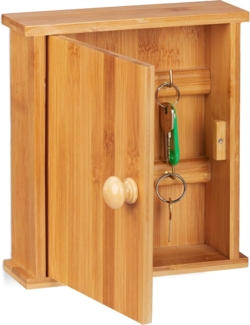 Relaxdays Schlüsselkasten Bambus-Holz, 6 Haken, Magnetverschluss, Schlüsselschrank für die Wand, HBT 20,5x18x6cm, Natur, Hellbraun
