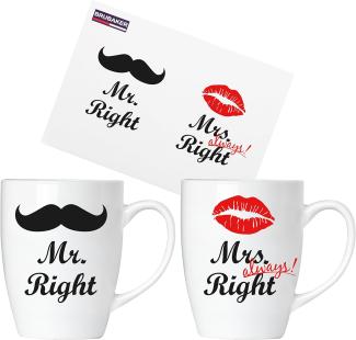 Mr. Right & Mrs. Always Right Tassen aus Keramik - Grußkarte und Geschenkpackung