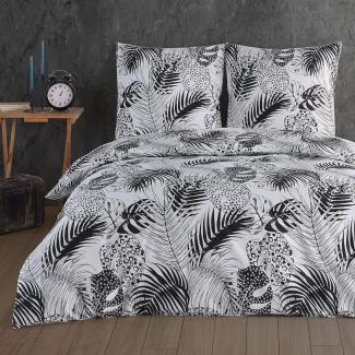 Buymax Bettwäsche Bettwäsche Bettbezug-Set Exotic, Renforce: 100% Baumwolle, 3 teilig, 200x220 cm, Reißverschluss Weiß Schwarz Palmenblätter Monstera Blätter