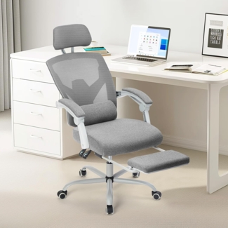 Sweetcrispy Büro-Computer-Schreibtisch Stuhl, Gaming-Stühle für Erwachsene, High-Back Mesh Rolling Swivel Reclining Stühle mit Rädern, Bequeme Lendenwirbelstütze, Bequeme Arme Grau