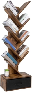 BAKAJI Bücherregal Regal 10 geneigte Regale aus MDF-Holz in Antik-Optik mit Stoffschublade Modernes industrielles Design für Wohnzimmer Zuhause Büro Größe 149 x 38 x 20 cm
