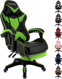 xRace Gaming-Stuhl Hoher Drehstuhl aus Leder mit Lendenwirbelstütze, Kopfstütze und Fußstütze, verstellbar, neigbar, Rennstil (Grün)