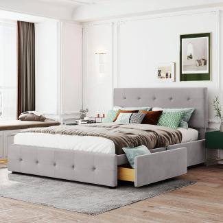 Bett Samtstoff, Einzelbett/Doppelbett, Polsterbett mit Schubladen, Rückenlehne und Lattenrost, Höhenverstellbares Kopfteil,Jugendbett Gästebett (ohne Matratze) (Grau, 140x200 cm)