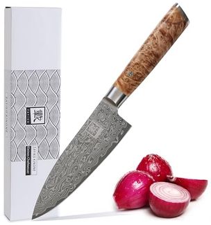 ZAYIKO Damastmesser KINONE kleines Chefmesser - 15,5cm Klinge - Wurzelholzgriff Birke - VG-10 Stahlkern