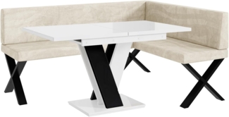 MEBLINI Eckbank für Esszimmer mit ausziehbarem Tisch - Küchenbank - Essecke - Sitzecke Küche - TONI - X-Beine 128x168x87cm Rechts - Creme Samt/M Weiß-Schwarz Hochgl.
