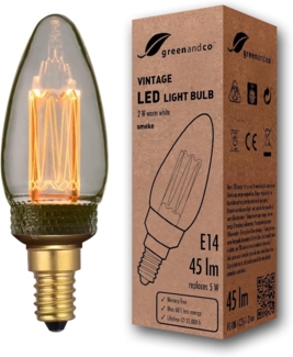 greenandco LED Vintage Glühbirne zur Stimmungsbeleuchtung | E14 C35 | smoke | 2W 45lm | 1800K extra warmweiß | 320° | 230V | flimmerfrei | nicht dimmbar | Edison Glühbirne