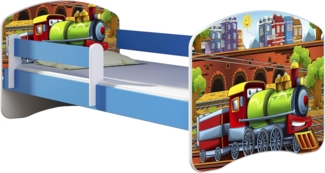 ACMA Kinderbett Jugendbett mit Einer Schublade und Matratze Blau mit Rausfallschutz Lattenrost II 140x70 160x80 180x80 (44 Lokomotive, 180x80)