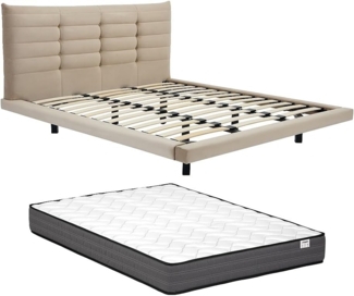 Vente-unique - Bett mit gestepptem Kopfteil + Matratze - 160 x 200 cm - Samt - Beige - NISATIO