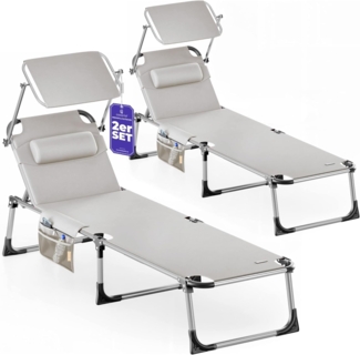 Casaria® 2er Set Sonnenliege Klappbar Wetterfest Gartenliege mit Sonnendach 180kg Belastbar Aluminium Garten Liegestuhl Leicht Poolliege Breit Creme