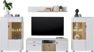 Wohnwand Merced in weiß matt und Eiche 4-teilig 320 cm