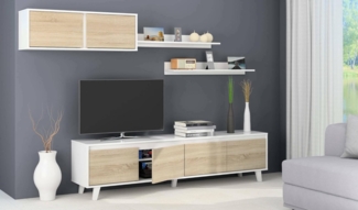 Dmora - Wandsystem Orlando, TV-Ständer, Wohnzimmermöbel, Wohnzimmerkomposition mit Schrankwand und Regal, 200 x 50 x 41 cm, Weiß und Eiche