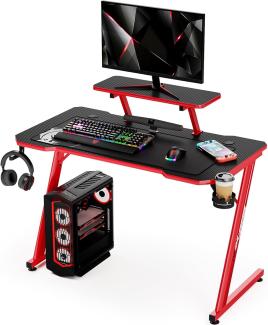 IntimaTe WM Heart Gaming Tisch 110cm, Ergonomischer Computertisch, Schreibtisch mit Tischplatte aus Kohlefaser, Drehbarer Headsethalter, Griffhalter und Getränkehalter (Schwarz und Rot)