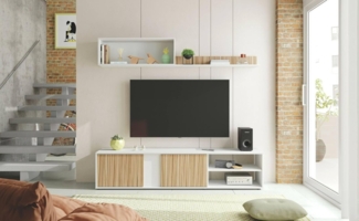 Dmora - Wohnzimmermöbel Titusville, TV-Ständer, Wohnzimmermöbel, Zusammensetzung des Wohnzimmersets, Wohnzimmerset mit Schrankwand, 180 x 33 x 40 cm, Weiß und Eiche