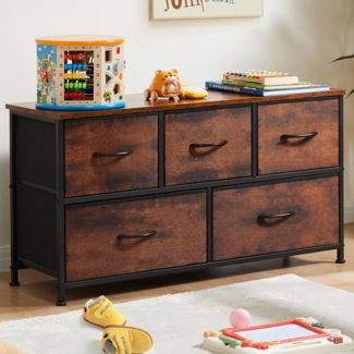 Sweetcrispy Kleine Kommode mit 5 Stoffschubladen für Schlafzimmeraufbewahrung, Kinderzimmerschrank Truhenmöbel, Metallrahmen, Holzplatte, Leichter Eingangsschrank, Rost