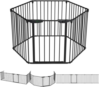 VOUNOT Kaminschutzgitter Freistehend mit Tür, 375cm inkl. 6 Elementen, Ofenschutzgitter Metall für Kinder, Kamingitter Ofengitter Kinderschutz, Laufgitter Laufstall Absperrgitter Baby, Schwarz