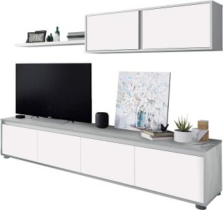 Wohnzimmer TV-Ständer mit vier Türen, mit Hängeschrank und Regal, Betonfarbe und Artikweiß, TV-Schrankmaß 200 x 43 x 41 cm Hängeschrank 105 x 35 x 29 cm Regal 95 x 3 x 21 cm