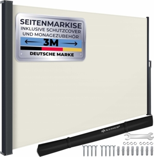KESSER® Seitenmarkise ausziehbar Markise 180x300 cm Blickdicht Sichtschutz & Windschutz für Garten Balkon & Terrasse, Seitenrollo mit Wandhalterung, inkl. Wettercover & Montagezubehör, Beige
