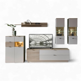Stella Trading INA Wohnwand Komplett-Set in Kaschmir, Riva Eiche Optik FSC-Zertifiziert - Moderne Schrankwand 6-teilig mit LED-Beleuchtung für Ihr Wohnzimmer - 340 x 200 x 44 cm (B/H/T)