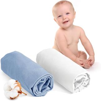 Dreamzie - Spannbettlaken 70x140 Baby 2er Pack - Baumwolle Oeko Tex Zertifiziert - Weiß und Blau - 100% Jersey Spannbetttuch 70x140 cm