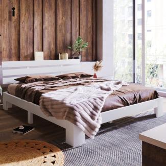 Merax Massivholzbett Holzbett Doppelbett, Bettrahmen aus Holz mit Kopfteil und Lattenrost, 140x200 cm, Holzlattenunterstützung, Stauraum unter dem Bett, Schlafzimmermöbel, Weiß