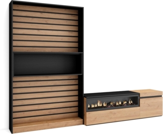 Skraut Home | Wohnwand Wohnzimmer | Wohnzimmermöbel, Möbelset | 260 x 186 x 35 cm | Für TV-Geräte bis zu 65" | Elektrokamin. | Moderner Stil | Eiche Schwarz