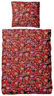 JACK Bettwäsche 135x200 cm Blume Rot Pink, Biber, 2 teilig, tolles dezent Blumendesign mit Reißverschluss