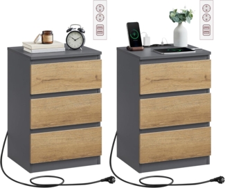 VASAGLE Nachttisch mit Steckdosenleiste, 2er Set, Beistelltisch, 3 Schubladen, 2 AC-Steckdosen, 2 USB-A-Anschlüsse, Wohnzimmer, Schlafzimmer, Arbeitszimmer, modern, schiefergrau-naturbraun LETDE831G01