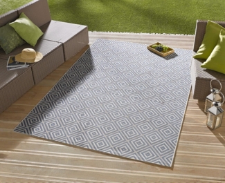NORTHRUGS In- und Outdoor Teppich Karo 80x150 cm - Wetterfest Modern Geometrisches Muster Kariert Allover Design Läufer für Balkon Terrasse Garten Wintergarten Wohnzimmerteppich Wasserfest in Blau