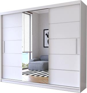 Schwebetürenschrank Alba 250 cm, Schiebetürenschrank mit Spiegel, Kleiderschrank mit Kleiderstange und Einlegeboden, Schlafzimmerschrank, Schiebetüren, Modern Design (Weiß/Weiß)