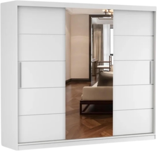 Schwebetürenschrank Alba 250 cm, Schiebetürenschrank mit Spiegel, Kleiderschrank mit Kleiderstange und Einlegeboden, Schlafzimmerschrank, Schiebetüren, Modern Design (Weiß/Weiß)