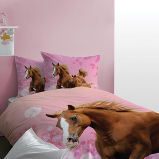 Familando Kinderbettwäsche Pferde Blumen 135x200 80x80 cm aus 100% Baumwolle mit Reißverschluss, Renforcé, 2 teilig, mit geblümter Wendeseite und zarten Rosé Tönen