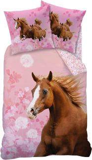 Familando Kinderbettwäsche Pferde Bettwäsche Set 135x200 + 80x80 cm aus 100% Baumwolle, Renforcé, 2 teilig, mit geblümter Wendeseite in zarten Rosa Tönen
