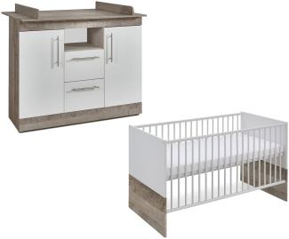 Arthur Berndt 'Selina' Babyzimmer Sparset 2-teilig, Kinderbett (70x140 cm) und Wickelkommode mit Wickelaufsatz Platinum Oak / Weiß