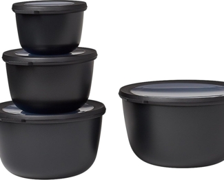 Mepal - Cirqula Multischüssel-Set 4–teilig rund Nordic black – 500, 1000, 2000 und 3000 ml – Verwendbar als Vorratdose, Kühlschrankdose, Gefrierdose, Mikrowellegeschirr & Servierschale mit Deckel